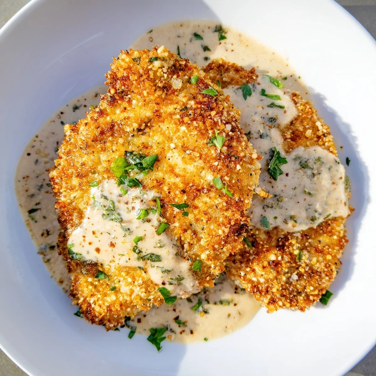 Mouthwatering, golden-brown crispy chicken with garlic cream sauce, drizzled with fresh parsley.