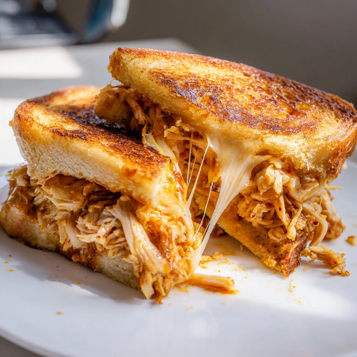 Warm, cheesy Chili Crisp Honey Chicken Grilled Cheese with crispy bread and delicious honey glaze visible.
