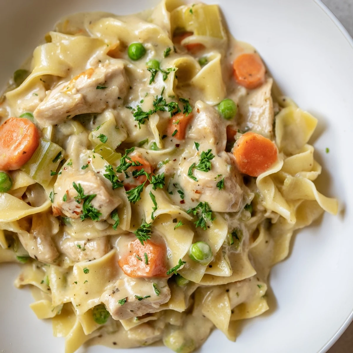 Golden egg noodles mixed with tender chicken, creating a flavorful creamy chicken and egg noodles meal.