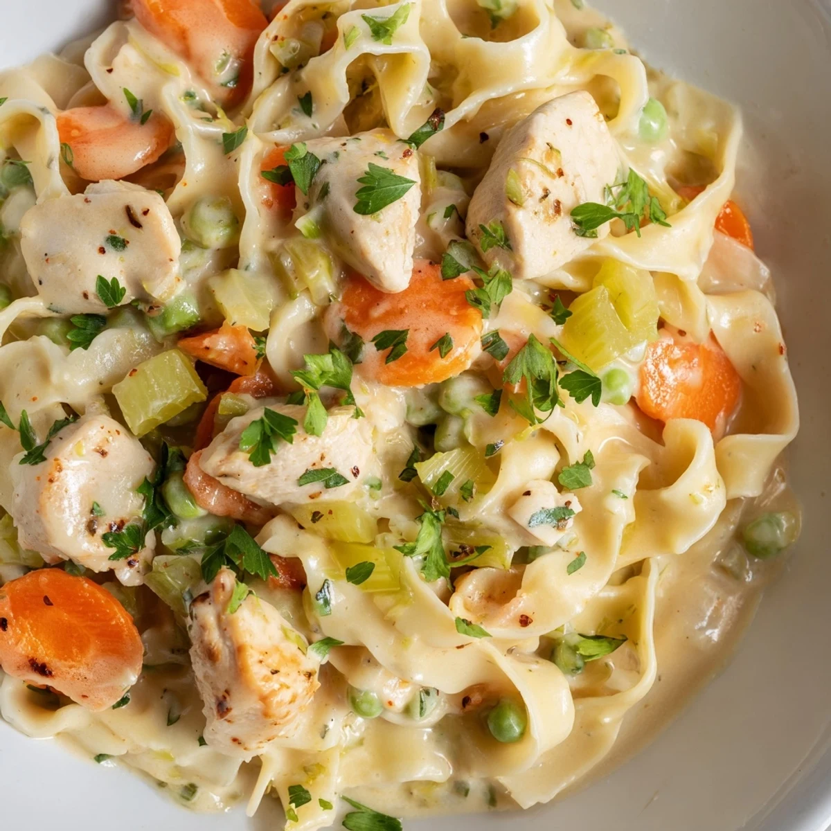 A close-up of a bowl filled with comforting creamy chicken and egg noodles, ready to eat.