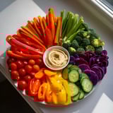 Vibrant Colorful Vegetable Rainbow Board featuring red tomatoes, orange peppers, and fresh green veggies, ready to eat.
