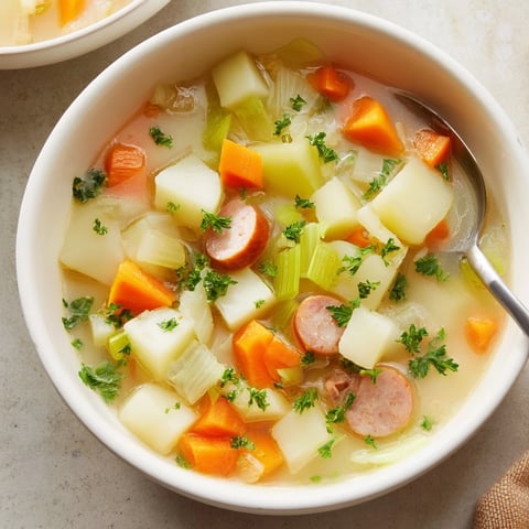 Creamy Easy German Potato Soup garnished with fresh parsley and hearty vegetables.
