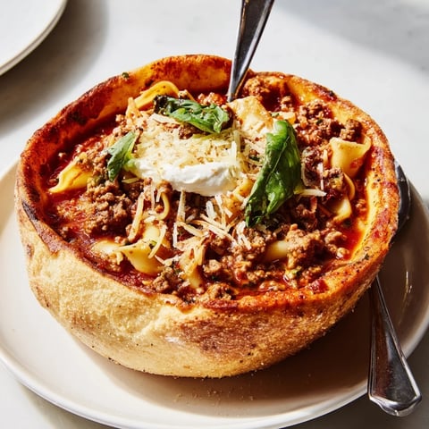 Delicious Lasagne Soup served in crispy pizza dough bowls, garnished with fresh basil.  