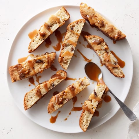 Crispy Caramel Apple Biscotti Dunkers drizzled with creamy caramel sauce, perfect for coffee.  