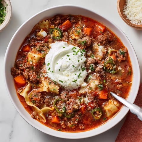 Hearty Lasagne Soup with Cheesy Jalapeño Twist topped with fresh jalapeños and herbs.  