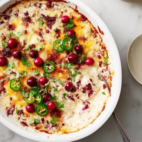Creamy cranberry jalapeño queso dip topped with cilantro and served warm with chips.  