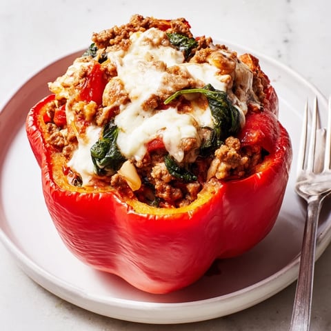 Hearty lasagne soup stuffed bell peppers topped with melted mozzarella and Parmesan cheese.  