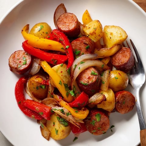 Rustic sausage & herb skillet featuring golden potatoes and vibrant bell peppers, perfect for dinner.  