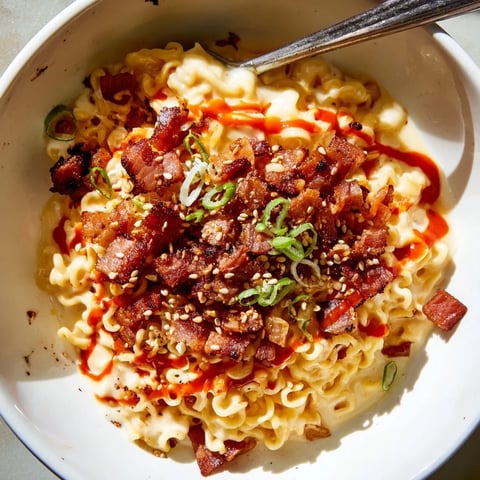 Creamy Spicy Ramen Carbonara topped with scallions and drizzled with sriracha.  