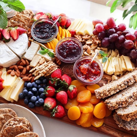 A beautifully arranged jam-infused brunch board with colorful fruits and cheeses.  