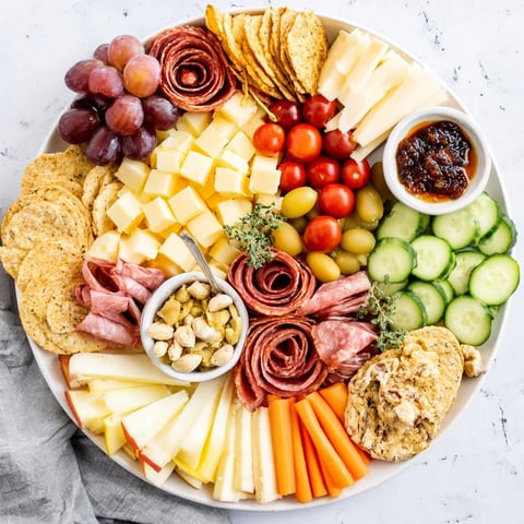 A colorful girl dinner platter filled with assorted cheeses, fruits, and dips.  