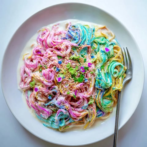 A colorful Neon Noodle Cloud dish topped with edible flowers and garnished scallions.  