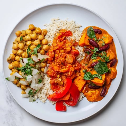 Vibrant single-pan global curries, featuring Indian chickpea, Thai lentil, and Caribbean flavors.  