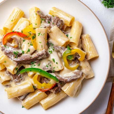 Hearty Philly Cheese Steak Pasta garnished with fresh parsley and creamy cheese sauce.  
