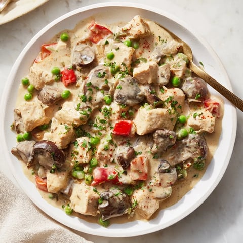 Creamy Chicken à la King served over buttery toast garnished with fresh parsley.  