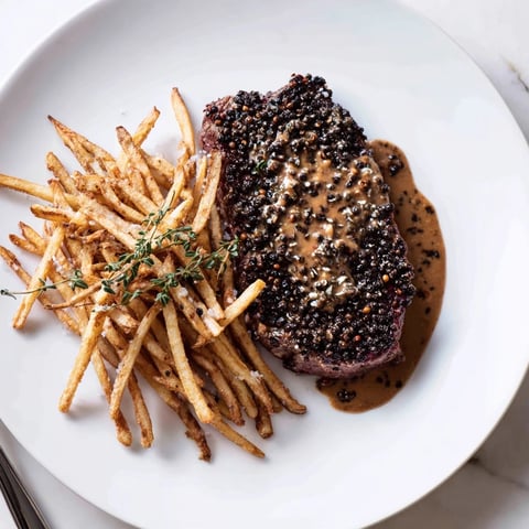 Juicy classic peppercorn ribeye topped with creamy sauce and served with crispy fries.  
