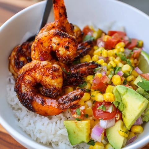 Juicy grilled shrimp bowl topped with creamy avocado corn salsa and lime.