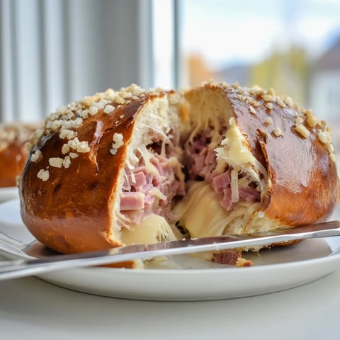 Soft ham and cheese stuffed pretzel rolls, perfect for delicious snacks or lunches.  