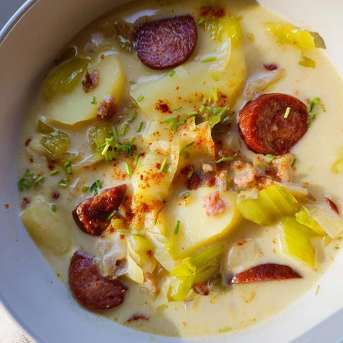 Creamy potato, leek, and chorizo soup bowl garnished with fresh parsley. 