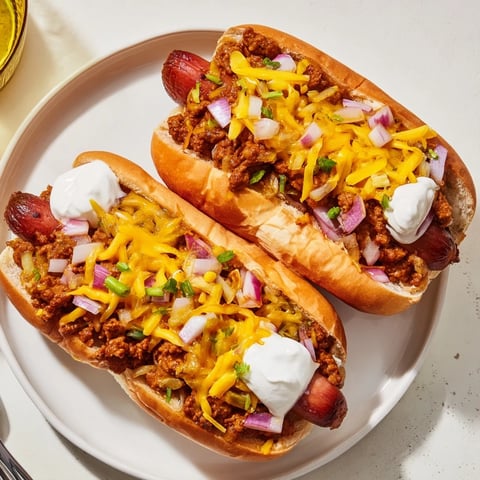 Warm and cheesy Chili Dog Casserole topped with fresh chives and sour cream.  