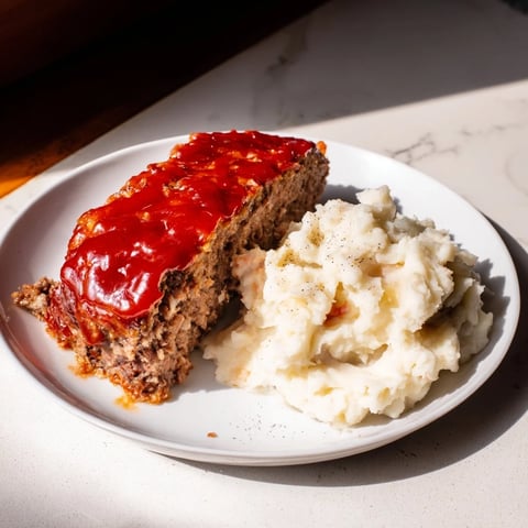 Classic meatloaf & mashed potatoes, a hearty family meal with savory meatloaf and fluffy potatoes.