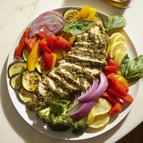 Sheet pan of Quick Lemon Pesto Chicken with vibrant roasted vegetables, perfect for a weeknight meal.