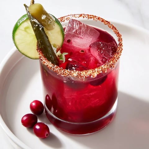 A chilled DIY Cranberry-Pickle Margarita, garnished with lime and pickle spear, ready to sip.