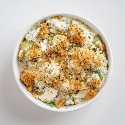 A close-up of creamy Fried Pickle Dip, topped with golden crispy panko and green onions.