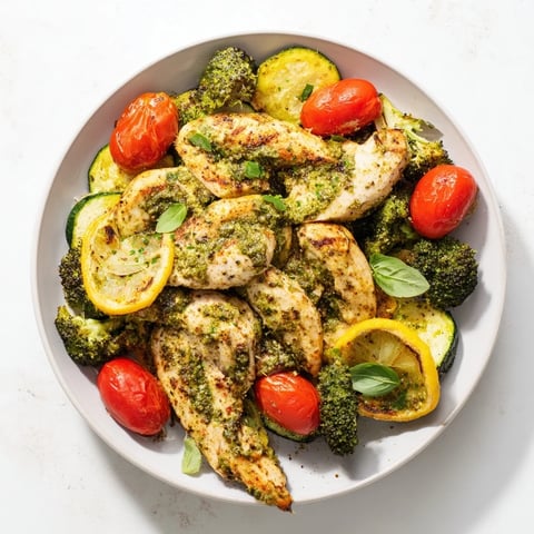 Quick Lemon Pesto Chicken Sheet Pan with roasted veggies, a colorful and delicious weeknight meal.