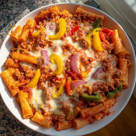 Steaming Baked Rigatoni with Sausage & Peppers, bubbling with melted cheese, a comforting Italian dinner.
