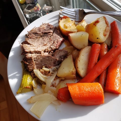 Sunday Pot Roast with roasted vegetables, fork-tender beef and hearty veggies in delicious broth.