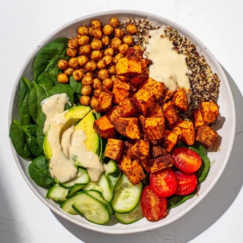 Golden roasted sweet potato & chickpea Buddha bowl, a colorful, vegan dish full of roasted flavors.