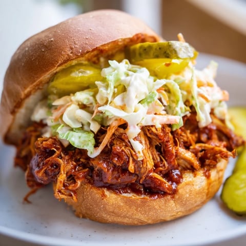 Delicious BBQ jackfruit pulled pork sandwiches piled high on toasted buns, ready to eat.