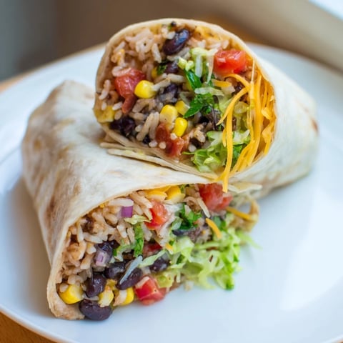 Steaming rice and warm beans are folded into flavorful Rice & Bean Burritos, ready to eat.
