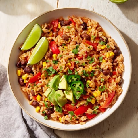 Steaming pot of One-Pot Mexican Rice & Beans, a flavorful and colorful vegetarian meal ready to serve.
