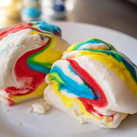 Vibrant rainbow cloud bread, airy and sweet, ready for a fun breakfast treat, gluten-free.