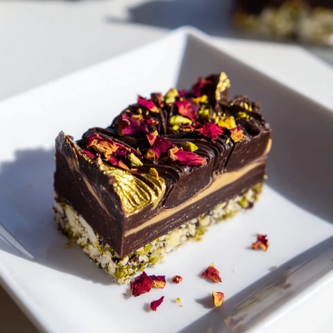 Rich, dark chocolate bar creations drizzled with date caramel and sprinkled with pistachios.