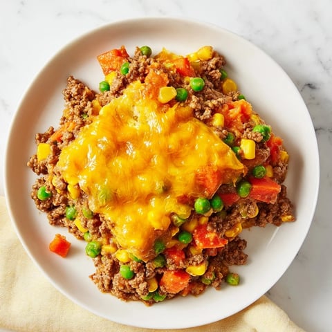 Sloppy Joe Casserole, bubbly with melted cheese and a savory, steaming ground beef filling, ready to serve.