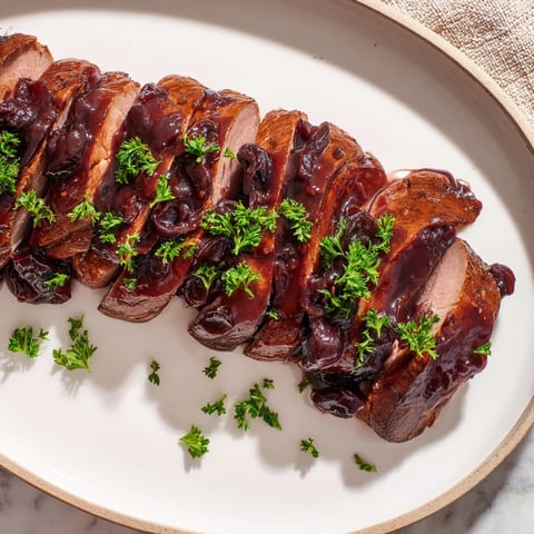 Juicy tart cherry date glazed pork tenderloin sliced, glistening with a vibrant and sweet glaze.