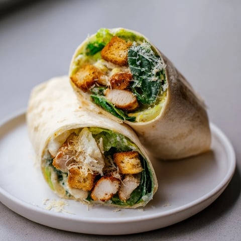 Chicken Caesar Wraps, ready to eat, showing a tightly rolled wrap filled with chicken and salad.
