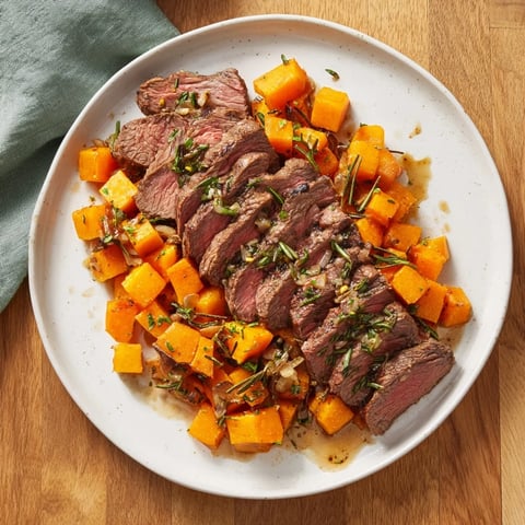 Tender garlic-herb steak bowls featuring roasted butternut squash, perfect for a flavorful weeknight meal.