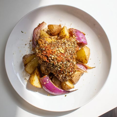 Golden, crispy Pan-Roasted Zaatar Chicken and Potatoes with fragrant herbs and tender vegetables.