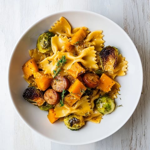 Golden autumn sausage pasta squash with roasted vegetables and perfectly cooked bow tie pasta.