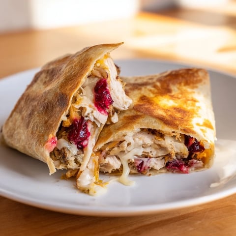 Crispy tortilla filled with turkey, stuffing, and cranberry leftovers, melted cheese inside the wrap.