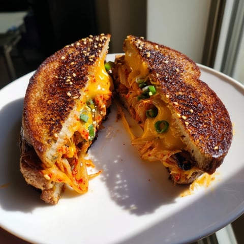 Golden, melty Skillet Kimchi & Cheddar Fusion Grilled Cheese, oozing cheese and savory kimchi, ready to slice.