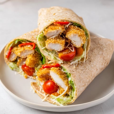 Crispy Santa Hat Chicken Caesar Wrap filled with romaine, tomatoes, and golden breaded chicken.