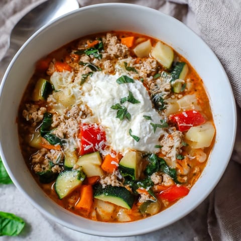 Comforting Healthy Lasagna Soup, loaded with vegetables, topped with creamy ricotta and mozzarella.
