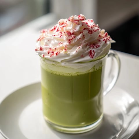 Steaming Cozy Peppermint Matcha Christmas Latte, topped with whipped cream and crushed peppermint candies, looks delicious.