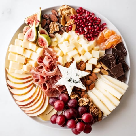 Éclat d’Étoiles Planche de Noël: A stunning Christmas charcuterie board with cheeses, meats, and sweet treats ready to enjoy.