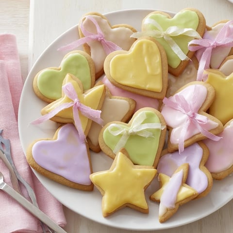 Close-up of freshly baked Mignonneries Coeurs et Étoiles Rubans cookies, heart and star shapes, ribbon-tied.